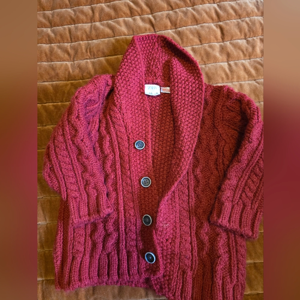 SOLD-Zara Toddler 2-3T Red Shawl Collar Cable Knit Cardigan